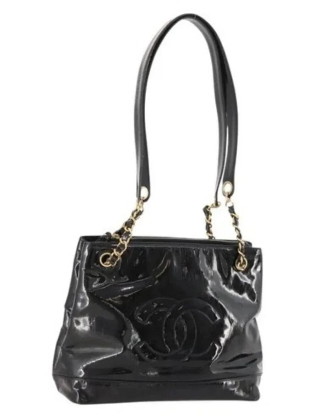 CHANEL Chain Shoulder Bag Patent leather Black Gold CC Auth BA10725